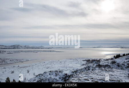 Die Winter-Blick über den See im Pingvellir Nationalpark in Island Stockfoto