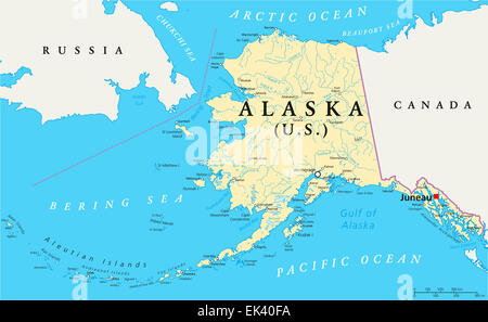 US-Staat Alaska politische Karte mit Hauptstadt Juneau, Landesgrenzen, wichtige Städte, Flüsse und Seen. Englisch beschriften. Stockfoto