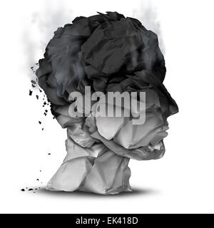 Burnout überarbeitete Konzept und Arbeit Stress Symbol für eine psychische, emotionale Störung Diagnose als einen menschlichen Kopf gemacht von verbranntem Papier auf weißem Hintergrund. Stockfoto