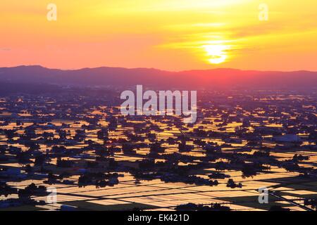 Sonnenuntergang auf überfluteten Reisfeld, Sankyoson, Toyama, Japan Stockfoto