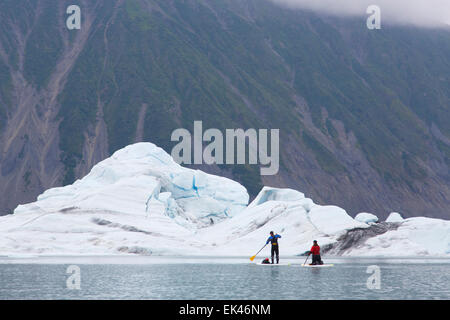 Stehen Sie auf, Paddle boarding in Bear Gletscherlagune, Kenai Fjords National Park, in der Nähe von Seward, Alaska. Stockfoto