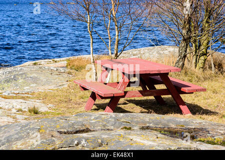 Bank und Tisch in der Natur nahe dem Meer mit Birken hinter. Gemalt auf Felswand mit einigen trockenen Gräsern Rot steht in frühen Stockfoto