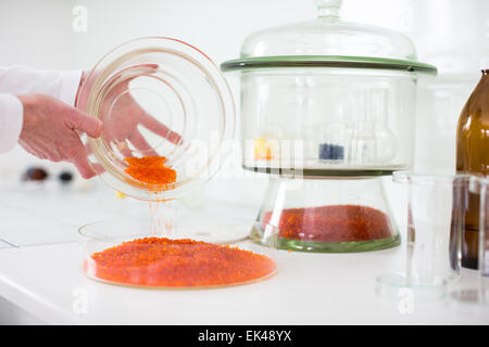 Lab Arbeitnehmers Hände bei der Arbeit am Forschungszentrum in einem Labor, Durchführung eines Experiments (flachen DOF; getönten Farbbild) Stockfoto