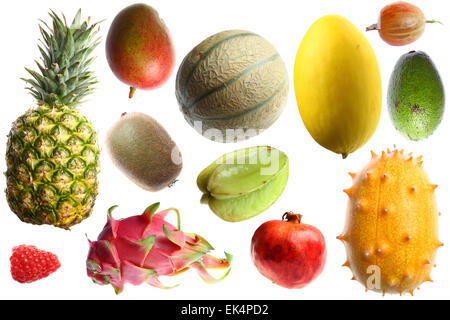 Verschiedene tropische Früchte und exotische Früchte, Zitrone, Kiwi, Mango, Papaya, Avocado, Stachelige Birne, Granatapfel, Grapefruit, Stockfoto