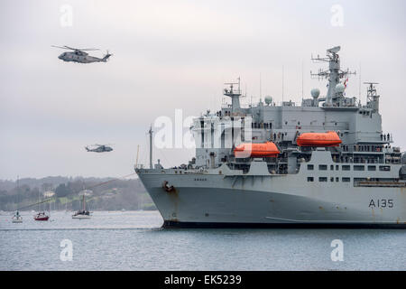 RFA Argus kehrt nach Falmouth, post eine Bereitstellung nach Sierra Leone, die Ebola-Hilfe Notfall unterstützen Stockfoto