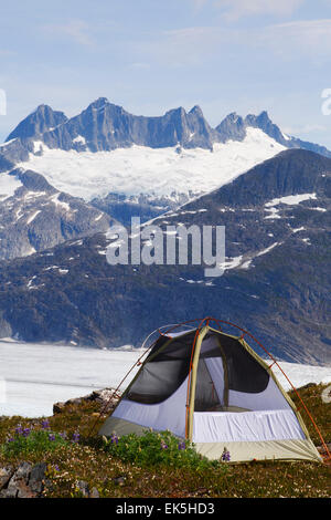 Camping am Mount Kinderwagen White über dem Mendenhall-Gletscher, Tongass National Forest, Alaska. Stockfoto