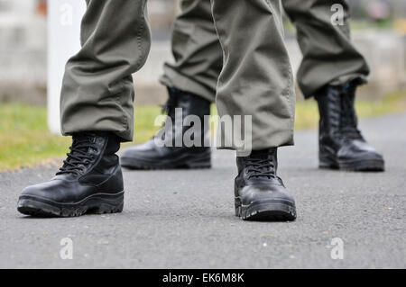 Männer, gekleidet in Irischen paramilitärischen Uniformen, deren Gesichter vom Militärischen scrim Schals erfassten Irische Flaggen in Milltown Friedhof, während der Hauptversammlung Stockfoto