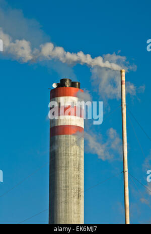 Dies ist ein Beispiel für die Verunreinigung der Luft am Arbeitsplatz. Ein Schornstein nehmen Sie Rauch in einer Zellstoff-Fabrik. Die Luftverschmutzung ist Kontamination Stockfoto