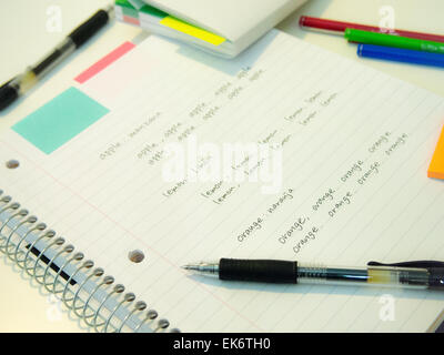 Andere Sprache Wörter auf dem Notebook zu schreiben zu lernen Stockfoto