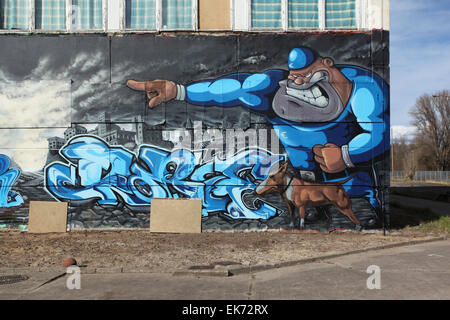 Ein Graffiti in der Aerosol-Arena, Deutschlands größte Hall Of Fame befindet sich in einem ehemaligen Industriegebiet der ehemaligen DDR. Magdeburg. Stockfoto