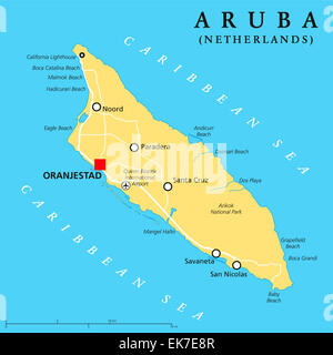 Politische Landkarte Aruba mit Hauptstadt Oranjestad und wichtige Städte. Englische Beschriftung und Skalierung. Abbildung. Stockfoto