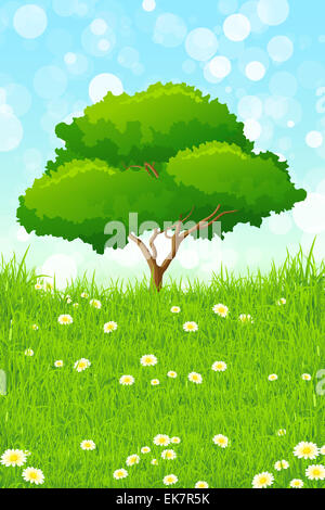 Grüne Landschaft mit Bäumen, Rasen und Blumen Stockfoto