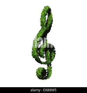 Musikalische Note Notenschlüssel Symbol aus grünen Blättern, die isoliert auf weißem Hintergrund gemacht. 3D render Stockfoto