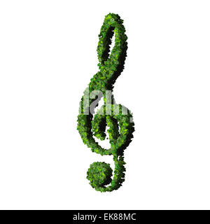 Musikalische Note Notenschlüssel Symbol aus grünen Blättern, die isoliert auf weißem Hintergrund gemacht. 3D render Stockfoto
