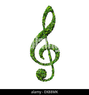 Musikalische Note Notenschlüssel Symbol aus grünen Blättern, die isoliert auf weißem Hintergrund gemacht. 3D render Stockfoto