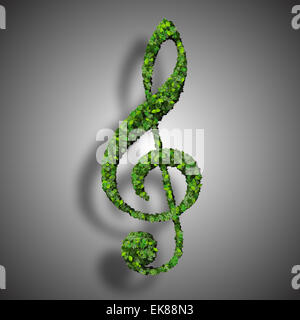 Musikalische Note Notenschlüssel Symbol aus grünen Blättern, die isoliert auf weißem Hintergrund gemacht. 3D render Stockfoto