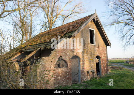 alten verlassenen Bauernhof mit grünen Tür öffnen und Bäumen im Hintergrund Stockfoto