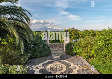 Sizilien, Italien. Einen weiten Blick auf den Ätna aus dem Garten und orangenen Obstgärten von San Giuliano in der Nähe von Catania Stockfoto