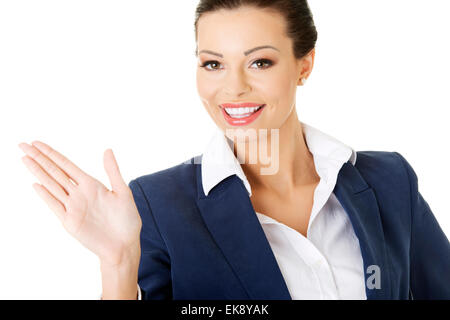 Geschäftsfrau, die machen mit ihrer Handfläche wählen Stockfoto