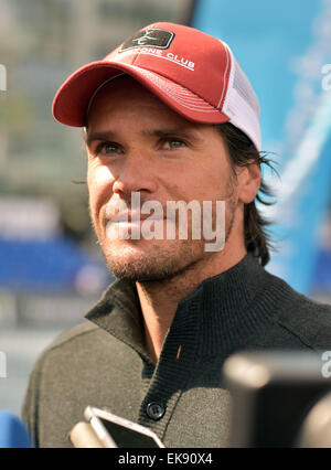 Deutscher Tennisspieler Tommy Haas im Rahmen einer Pressekonferenz auf der BMW Open in München, Deutschland, 8. April 2015. Die BMW Open statt findet vom 25 April bis 3. Mai 2015 in der bayerischen Landeshauptstadt. Foto: PETER KNEFFEL/dpa Stockfoto