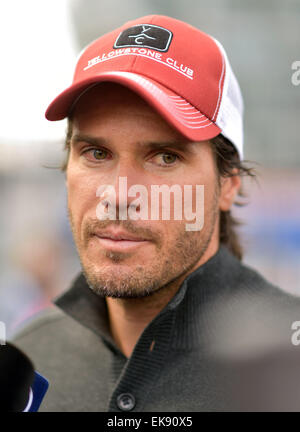 Deutscher Tennisspieler Tommy Haas im Rahmen einer Pressekonferenz auf der BMW Open in München, Deutschland, 8. April 2015. Die BMW Open statt findet vom 25 April bis 3. Mai 2015 in der bayerischen Landeshauptstadt. Foto: PETER KNEFFEL/dpa Stockfoto