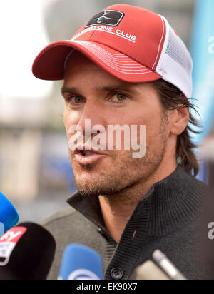 Deutscher Tennisspieler Tommy Haas im Rahmen einer Pressekonferenz auf der BMW Open in München, Deutschland, 8. April 2015. Die BMW Open statt findet vom 25 April bis 3. Mai 2015 in der bayerischen Landeshauptstadt. Foto: PETER KNEFFEL/dpa Stockfoto