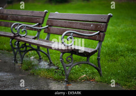 Bänke im Park im Regen nass Stockfoto