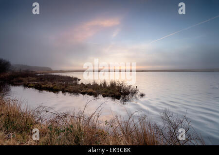 Nebligen Sonnenaufgang über Crowdy Reservoir auf Bodmin Moor in Cornwall Stockfoto