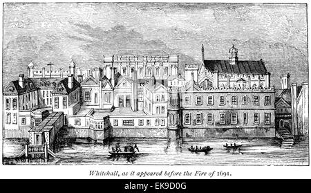 Ein Kupferstich von Whitehall, wie er vor dem Brand von 1691, bei hoher Auflösung aus einem Buch 1867 erschienen gedruckten gescannt. Glaubten copyright frei. Stockfoto