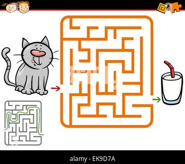 Cartoon-Illustration der Bildung Irrgarten oder Labyrinth-Spiel für Kinder im Vorschulalter mit niedlichen Katze und ein Glas Milch Stock Vektor