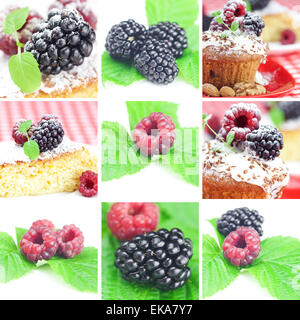 Collage aus Kuchen, Minze, Himbeeren, Brombeeren mit grünen verlassen Stockfoto