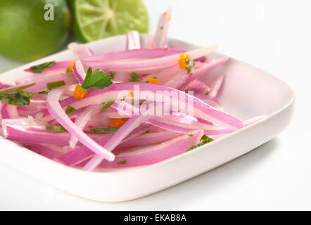 Peruanische Salsa Criolla machte der roten Zwiebelscheiben, Peperoni genannt Aji, frische Petersilie und Limetten Stockfoto