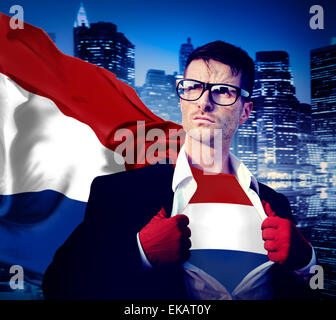 Geschäftsmann Superhero Land Niederlande Flagge Kulturbegriff Power Stockfoto