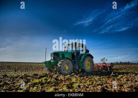 Bauernhof Traktor den Boden vorbereiten und ranking-Feld vor dem Plattieren, Montijo, Badajoz, Extremadura, Spanien Stockfoto