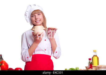 Attraktive Frau kochen ein weißer Hintergrund Stockfoto