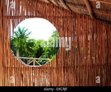 Runde Fenster in Holzstäbchen Kabine tropischen Dschungel Stockfoto