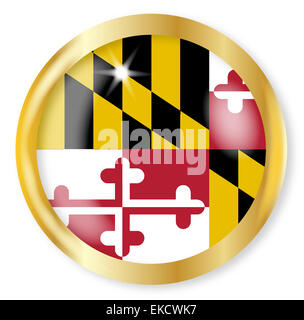 Schaltfläche "Maryland Zustand Flagge" mit gold Metall kreisförmigen Rand auf weißem Hintergrund Stockfoto