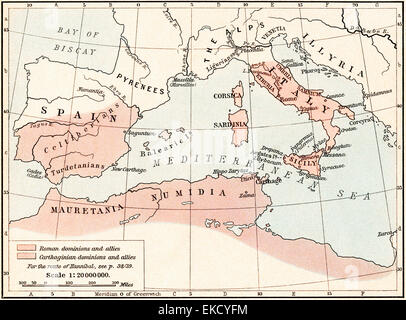 Karte von Rom und Karthago zu Beginn des zweiten Punischen Krieges 218 v. Chr.. Stockfoto