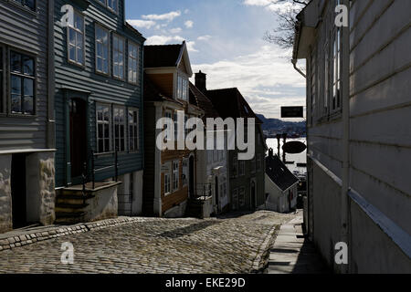 Gamle Bergen oder alte Bergen ist ein Freilichtmuseum mit einigen 40 Holzhäusern im typisch norwegischen Stil aus dem 18., 19. Jahrhundert. Stockfoto