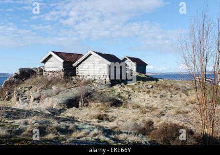 Drei alte Boot Haus an der Westküste in Schweden Stockfoto