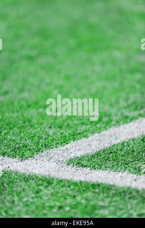 Detail mit frischer Farbe Streifen auf einem Fußballfeld erschossen Stockfoto