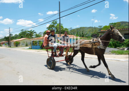 VINALES, Kuba - 20. Mai 2011: Traditionelle Pferd und Buggy befördert Passagiere auf einer leeren Straße am Rande der Stadt. Stockfoto