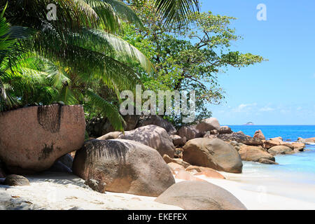 Großen Granitfelsen im Indischen Ozean am Strand von Anse Lazio. Stockfoto