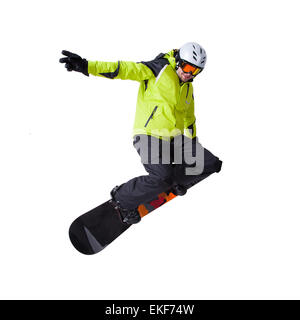 Snowboarder am Sprung auf weißem Hintergrund Stockfoto