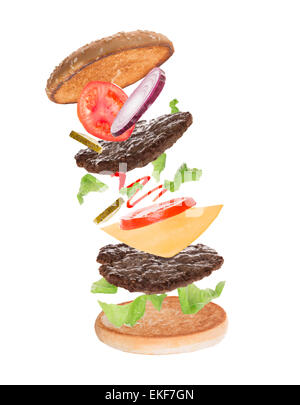 Leckeren Hamburger mit fliegenden Zutaten auf weißem Hintergrund Stockfoto