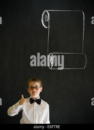 Thumbs up junge gekleidet als Geschäftsmann mit Kreide Menüliste Stockfoto