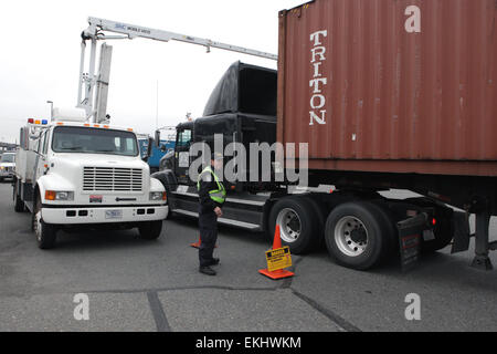 091410: ein U.S. Customs and Border Patrol Officer steht durch visuelle Inspektion der Fahrzeuge vor ihnen vorbei durch eine Mobile VACIS-System in Seattle, Washington Einfuhrhafen durchzuführen.  Die VACIS ist ein LKW-montierte Gamma-Ray imaging-System für die Inspektion von Fahrzeugen und Ladung in mehreren, temporäre oder abgelegenen Orten.  Donna Burton Stockfoto