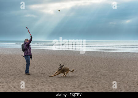 Eine Frau startet einen Ball für ihren Hund auf Drigg Strand, Cumbria, England. Sonnenlicht Pierce der bewölkten Himmel gerne beleuchtet die Szene Stockfoto