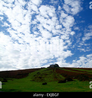 Blauen Himmel & Altocumulus Wolkenbildung über die grünen Hänge & Granitfelsen von Heu Tor Dartmoor Devon Stockfoto