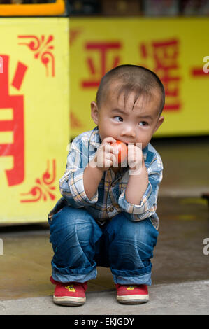 Junge Snacks auf Tomaten in alten ummauerten Stadt Pingyao, Shanxi Provinz, China. Stockfoto